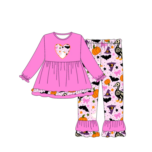 7.19 Preorder (moq 5)Baby Girls Pink Long Ruffle Sleeves Ghosts Pumpkins Hearts Tunic Pants Set