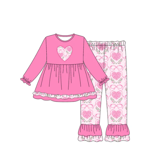 7.19 Preorder (moq 5)Baby Girls Pink Long Ruffle Sleeves Flowers Bows Hearts Tunic Pants Set