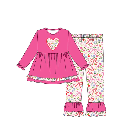 7.19 Preorder (moq 5)Baby Girls Hot Pink Long Ruffle Sleeves Flowers Bows Hearts Tunic Pants Set