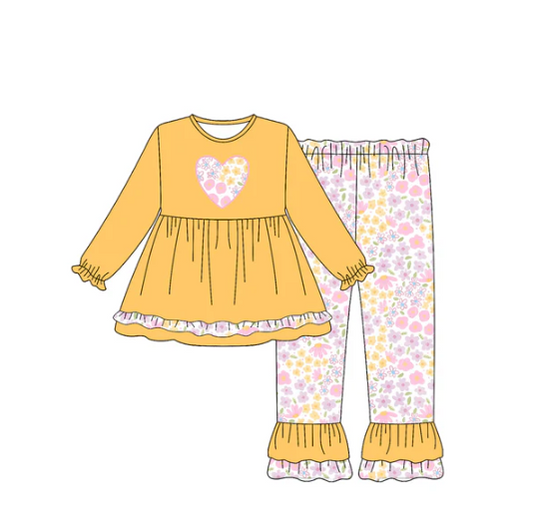 7.19  Preorder (moq 5)Baby Girls Yellow Long Ruffle Sleeves Floral Hearts Print Tunic Pants Set