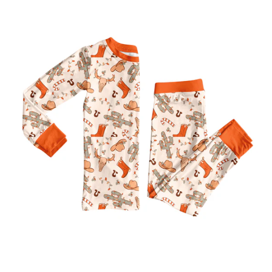 7.19 Preorder (moq 5)Baby Girls Long Sleeves Bull Skull Boots Cactus Top Pants Pajamas Set
