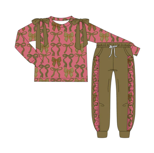 7.19 Preorder (moq 5)Baby Girls Long Sleeves Olive Bows Plaid Top Pockets Pegging Pants Set