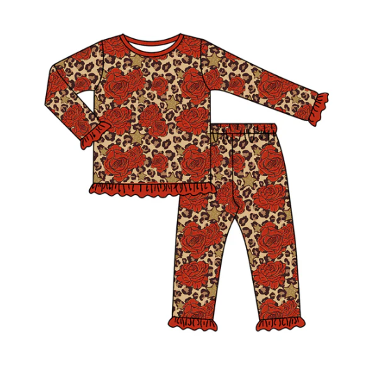 7.19 Preorder (moq 5)Baby Girls Long Ruffle Sleeves Leopard Roses Plaid Top Pants Pajamas Set