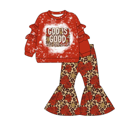 7.19 Preorder (moq 5)Baby Girls Red Long Sleeves God Is Good Top Leopard Bell Bottom Pants Set