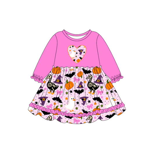 7.19 Preorder (moq 5)Baby Girls Pink Long Ruffle Sleeves Ghost Pumpkins Hearts Knee Length Dresses