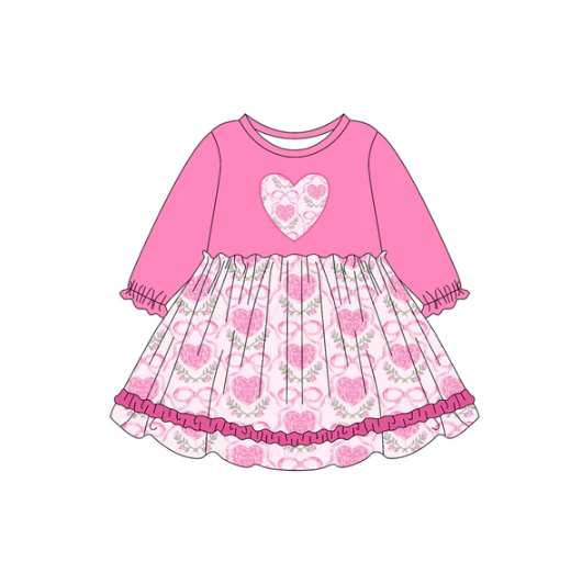 7.19 Preorder (moq 5)Baby Girls Pink Long Ruffle Sleeves Bows Flowers Hearts Knee Length Dresses