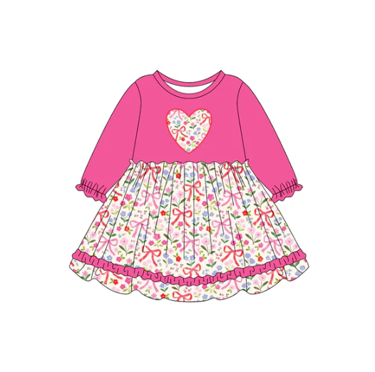 7.19 Preorder (moq 5)Baby Girls Hot Pink Long Ruffle Sleeves Bows Flowers Hearts Knee Length Dresses