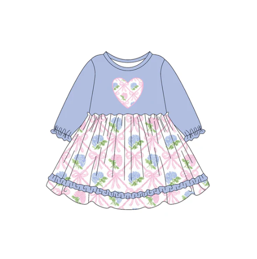 7.19 Preorder (moq 5)Baby Girls Lavender Long Ruffle Sleeves Bows Flowers Hearts Knee Length Dresses