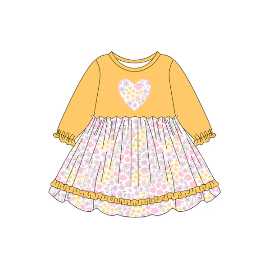 7.19 Preorder (moq 5)Baby Girls Yellow Long Ruffle Sleeves Floral Print Hearts Knee Length Dresses