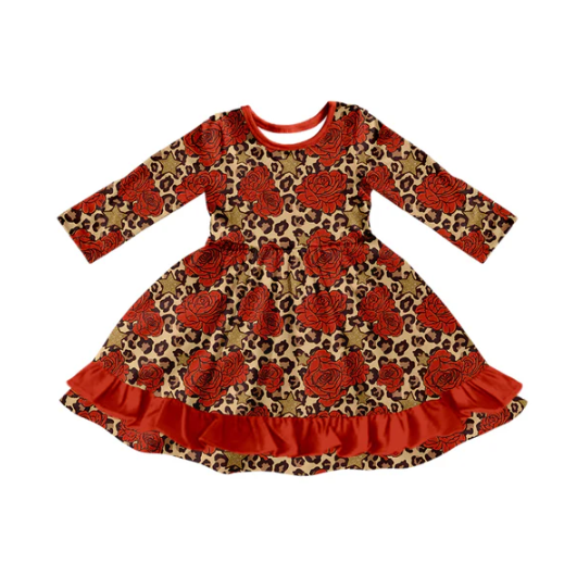 7.19 Preorder (moq 5)Baby Girls Long Sleeves Rose Plaid Leopard Ruffle Knee Length Dresses