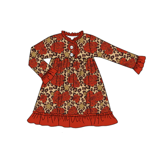 7.19 Preorder (moq 5)Baby Girls Long Ruffle Sleeves Rose Plaid Leopard Button Knee Length Dresses