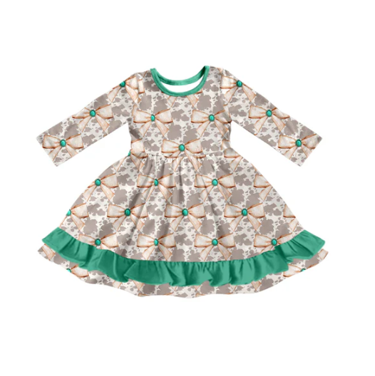 7.19 Preorder (moq 5)Baby Girls Long Sleeves Cow Print Bows Plaid Ruffle Knee Length Dresses