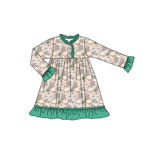 7.19 Preorder (moq 5)Baby Girls Long Sleeves Button Cow Print Bows Ruffle Knee Length Dresses