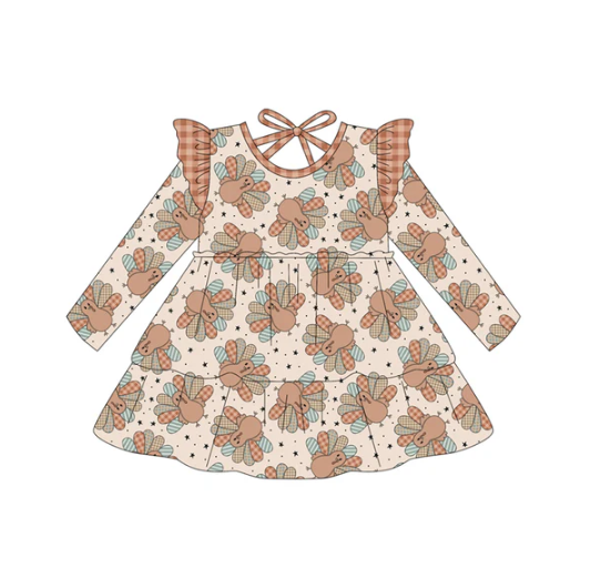 7.19 Preorder (moq 5)Baby Girls Long Sleeves Turkey Stars Plaid Knee Length Dresses