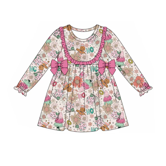 7.19 Preorder (moq 5)Baby Girls Long Sleeves Pink Flowers Gingerbread Bows Knee Length Dresses