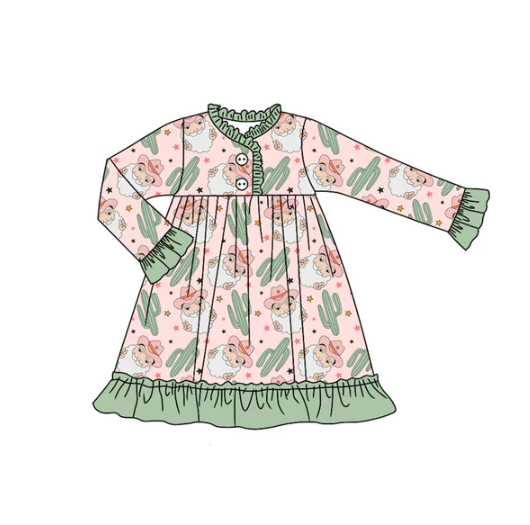 7.19 Preorder (moq 5)Baby Girls Long Sleeves Button Santa Cactus Plaid Ruffle Knee Length Dresses