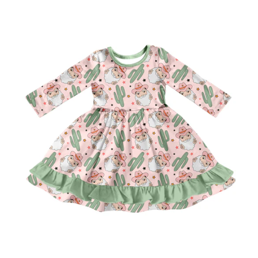 7.19 Preorder (moq 5)Baby Girls Long Sleeves Santa Cactus Plaid Ruffle Knee Length Dresses
