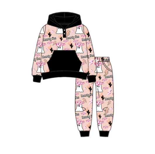 7.19 Preorder (moq 5)Baby Boys Long Sleeves Hat Ghosts Cactus Button Pocket Hoodies Pant Set