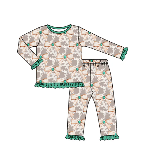 7.19 Preorder (moq 5)Baby Girls Long Ruffle Sleeves Cow Print Bows Plaid Top Pant Pajamas Set