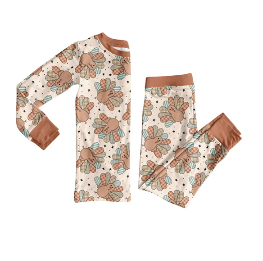 7.19 Preorder (moq 5)Baby Girls Long Sleeves Turkey Stars Plaid Top Pant Pajamas Set
