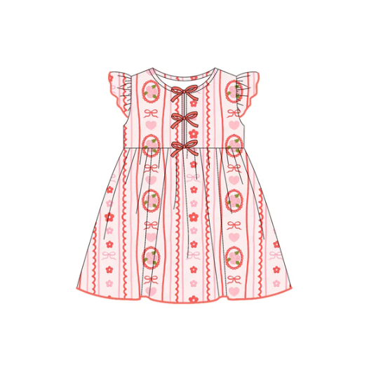 7.21 Preorder (moq 5)Baby Girls Flutter Sleeves Pink Bows Flowers Stripes Knee Length Dresses