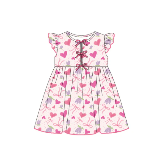 7.21 Preorder (moq 5)Baby Girls Flutter Sleeves Pink Bows Hearts Flowers Knee Length Dresses