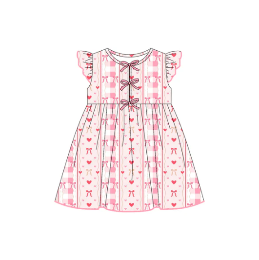 7.21 Preorder (moq 5)Baby Girls Flutter Sleeves Pink Bows Hearts Stripes Knee Length Dresses
