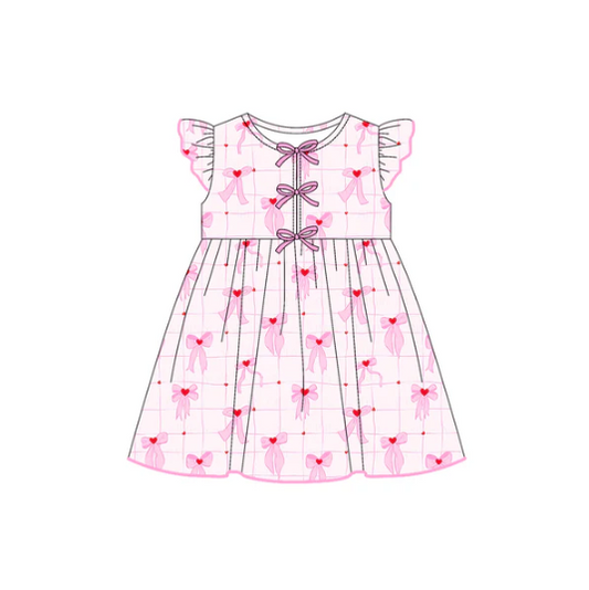 7.21 Preorder (moq 5)Baby Girls Flutter Sleeves Pink Bows Hearts Plaid Knee Length Dresses