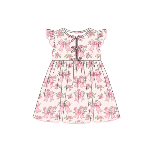 7.21 Preorder (moq 5)Baby Girls Flutter Sleeves Pink Bows Flowers Plaid Knee Length Dresses