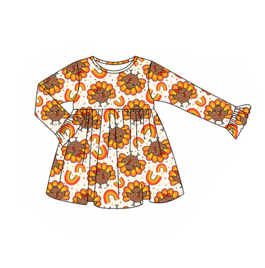 7.21 Preorder (moq 5)Baby Girls Long Ruffle Sleeves Turkey Rainbows Plaid Knee Length Dresses