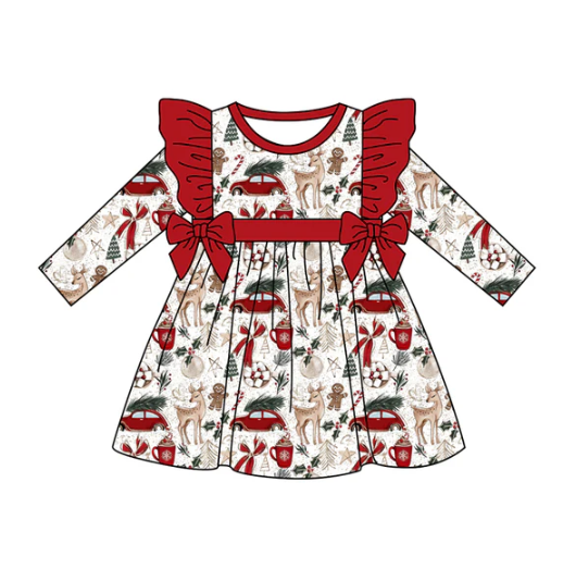 7.21 Preorder (moq 5)Baby Girls Long Ruffle Sleeves Turkey Pumpkins Plaid Knee Length Dresses