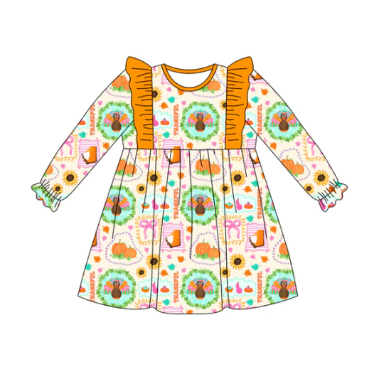 7.21 Preorder (moq 5)Baby Girls Long Ruffle Sleeves Turkey Pumpkins Plaid Knee Length Dresses