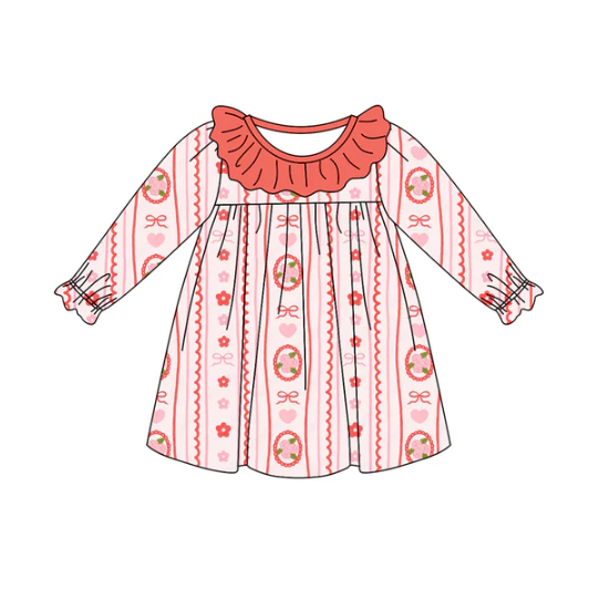 7.21 Preorder (moq 5)Baby Girls Long Ruffle Sleeves Peach Hearts Bows Stripe Knee Length Dress