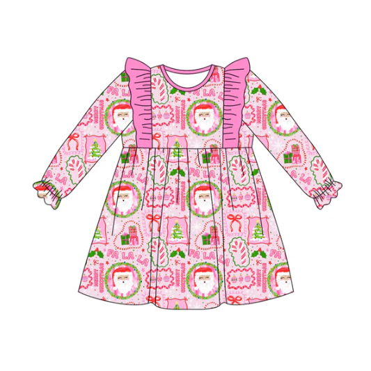 7.21 Preorder (moq 5)Baby Girls Long Ruffle Sleeves Pink Santa Bows Plaid Knee Length Dresses
