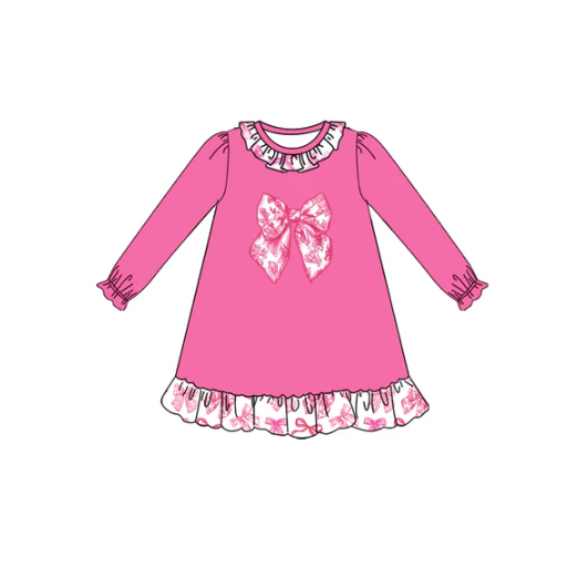 7.21 Preorder (moq 5)Baby Girls Long Ruffle Sleeves Pink Floral Bows Knee Length Dresses