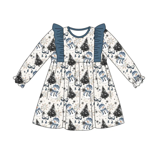 7.21 Preorder (moq 5)Baby Girls Long Ruffle Sleeves Blue Bows Snowman Plaid Knee Length Dress