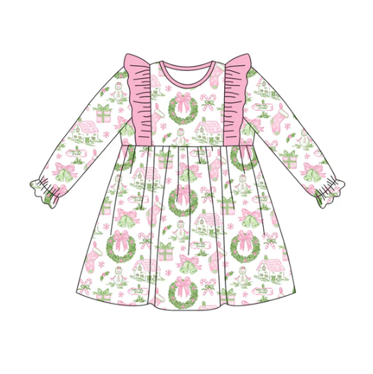 7.21 Preorder (moq 5)Baby Girls Long Ruffle Sleeves Holly Snowman Plaid Knee Length Dresses