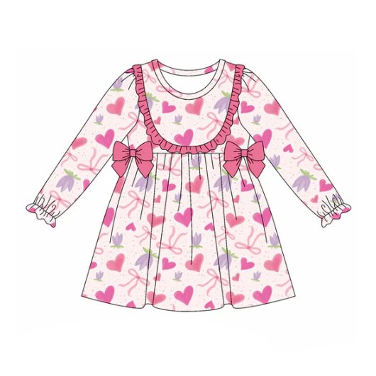 7.21 Preorder (moq 5)Baby Girls Long Ruffle Sleeves Pink Hearts Flowers Bows Knee Length Dress