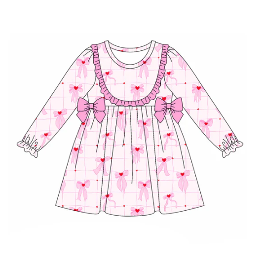 7.21 Preorder (moq 5)Baby Girls Long Ruffle Sleeves Pink Hearts Bows Plaid Knee Length Dress