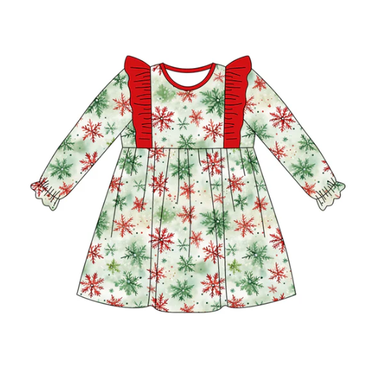 7.21 Preorder (moq 5)Baby Girls Long Ruffle Sleeves Green Red Snowflake Plaid Knee Length Dress