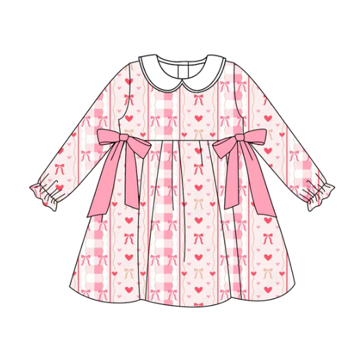 7.21 Preorder (moq 5)Baby Girls Long Ruffle Sleeves Pink Bows Hearts Stripe Knee Length Dress