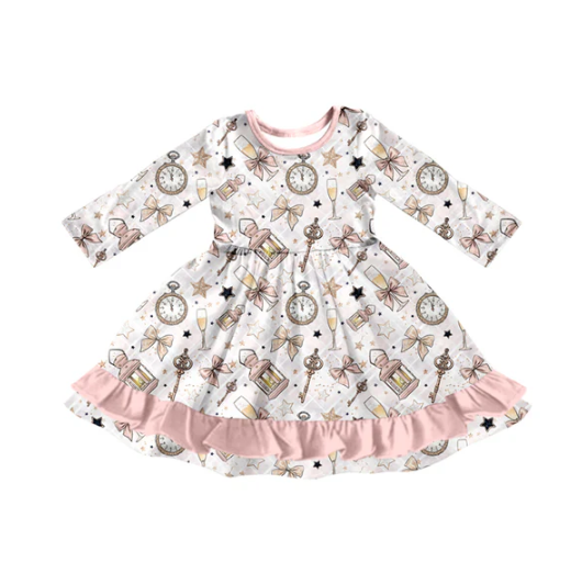 7.21 Preorder (moq 5)Baby Girls Long Sleeves Pink Bows Stars Plaid Ruffle Knee Length Dresses