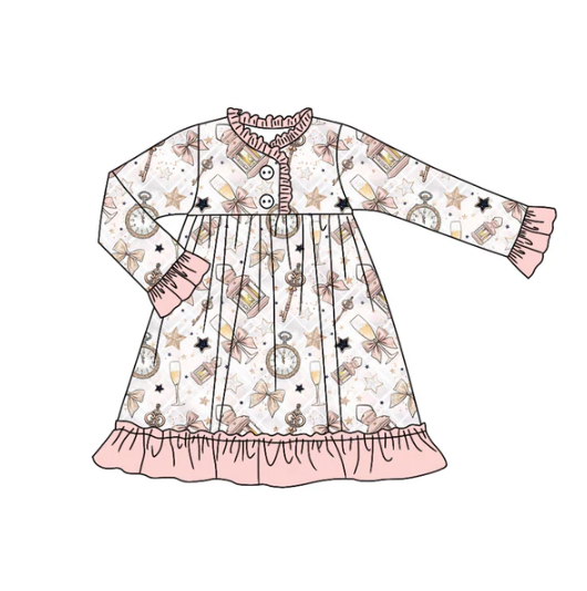 7.21 Preorder (moq 5)Baby Girls Long Sleeves Pink Bows Stars Plaid Ruffle Button Knee Length Dress