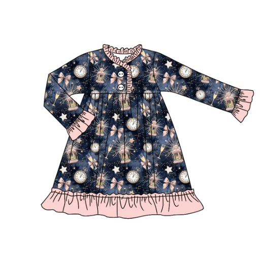 7.21 Preorder (moq 5)Baby Girls Long Sleeves Hot Blue Bows Stars Plaid Ruffle Button Knee Length Dress
