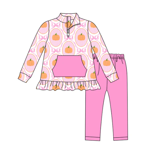 7.21 Preorder (moq 5)Baby Girls Long Sleeves Pink Bows Pumpkins Plaid Pocket Zipper Top Legging Pants Set