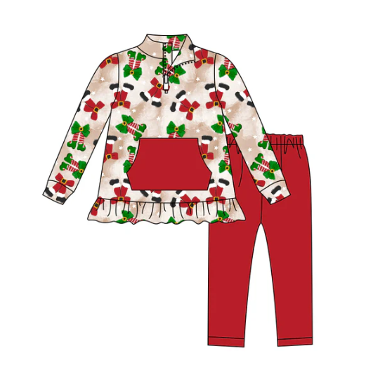7.21 Preorder (moq 5)Baby Girls Long Sleeves Green Red Socks Pocket Zipper Top Legging Pants Set
