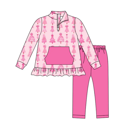 7.21Preorder (moq 5)Baby Girls Long Sleeves Pink Bows Trees Pocket Zipper Top Legging Pants Set