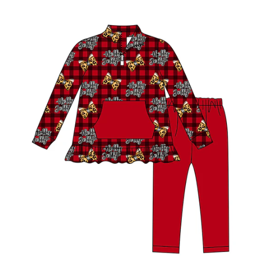 7.21 Preorder (moq 5)Baby Girls Long Sleeves Red Plaid Leopard Bows Pocket Zipper Top Legging Pants Set