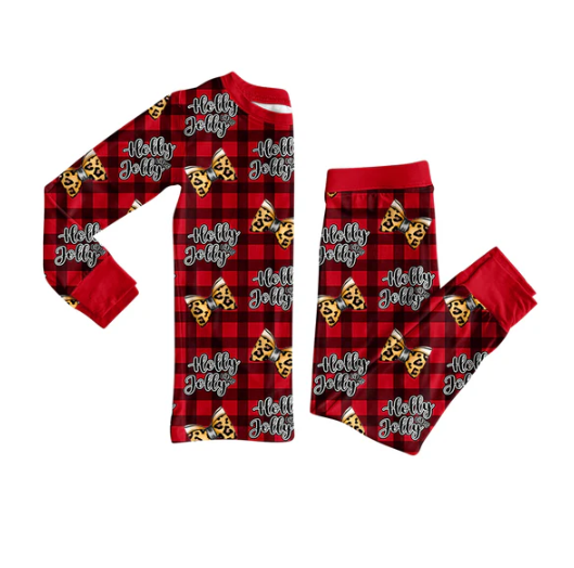 7.21 Preorder (moq 5)Baby Girls Long Sleeves Red Plaid Leopard Bows Top Pants Pajamas Set