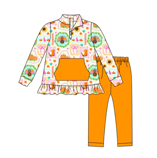 7.21 Preorder (moq 5)Baby Girls Long Sleeves Turkey Pumpkins Pocket Zipper Top Legging Pants Set